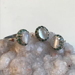 Natural Emerald and Moonstone Ring Earrings Set